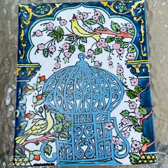 Hand-Painted Decorative Tile Birdcage Birds Wall Art Garden Folk Art Decor - Picture 1 of 3